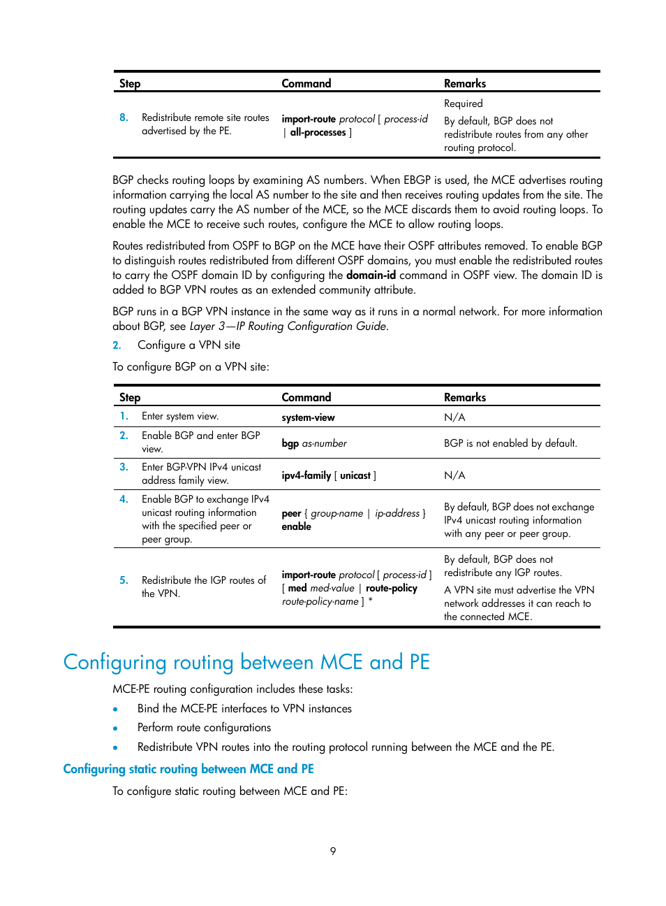 Configuring routing between mce and pe, Configuring static routing between mce and pe | H3C Technologies H3C S5820V2 Series Switches User Manual | Page 15 / 29