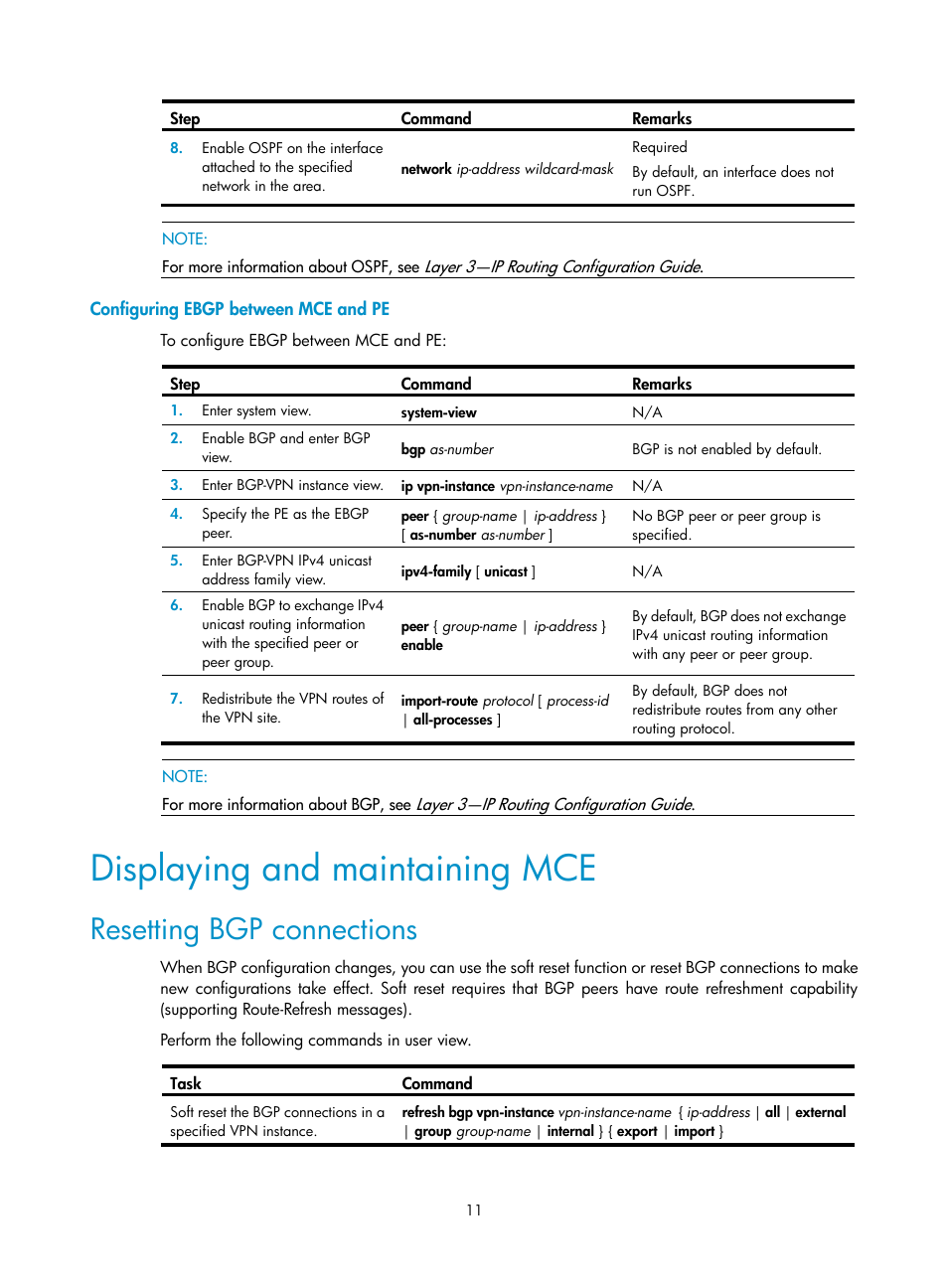 Configuring ebgp between mce and pe, Displaying and maintaining mce, Resetting bgp connections | H3C Technologies H3C S5820V2 Series Switches User Manual | Page 17 / 29