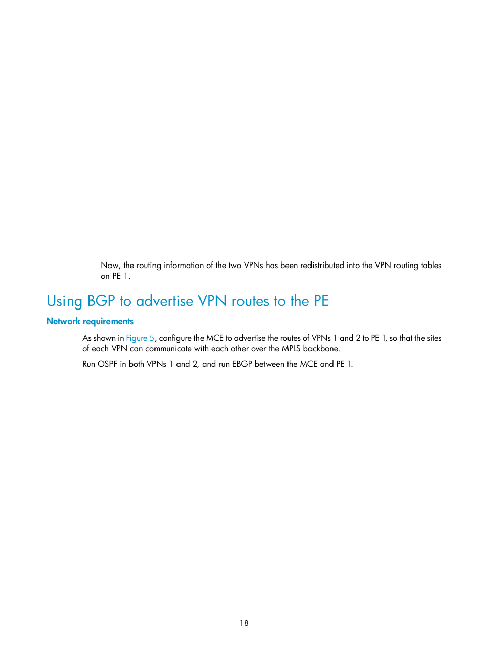 Using bgp to advertise vpn routes to the pe, Network requirements | H3C Technologies H3C S5820V2 Series Switches User Manual | Page 24 / 29