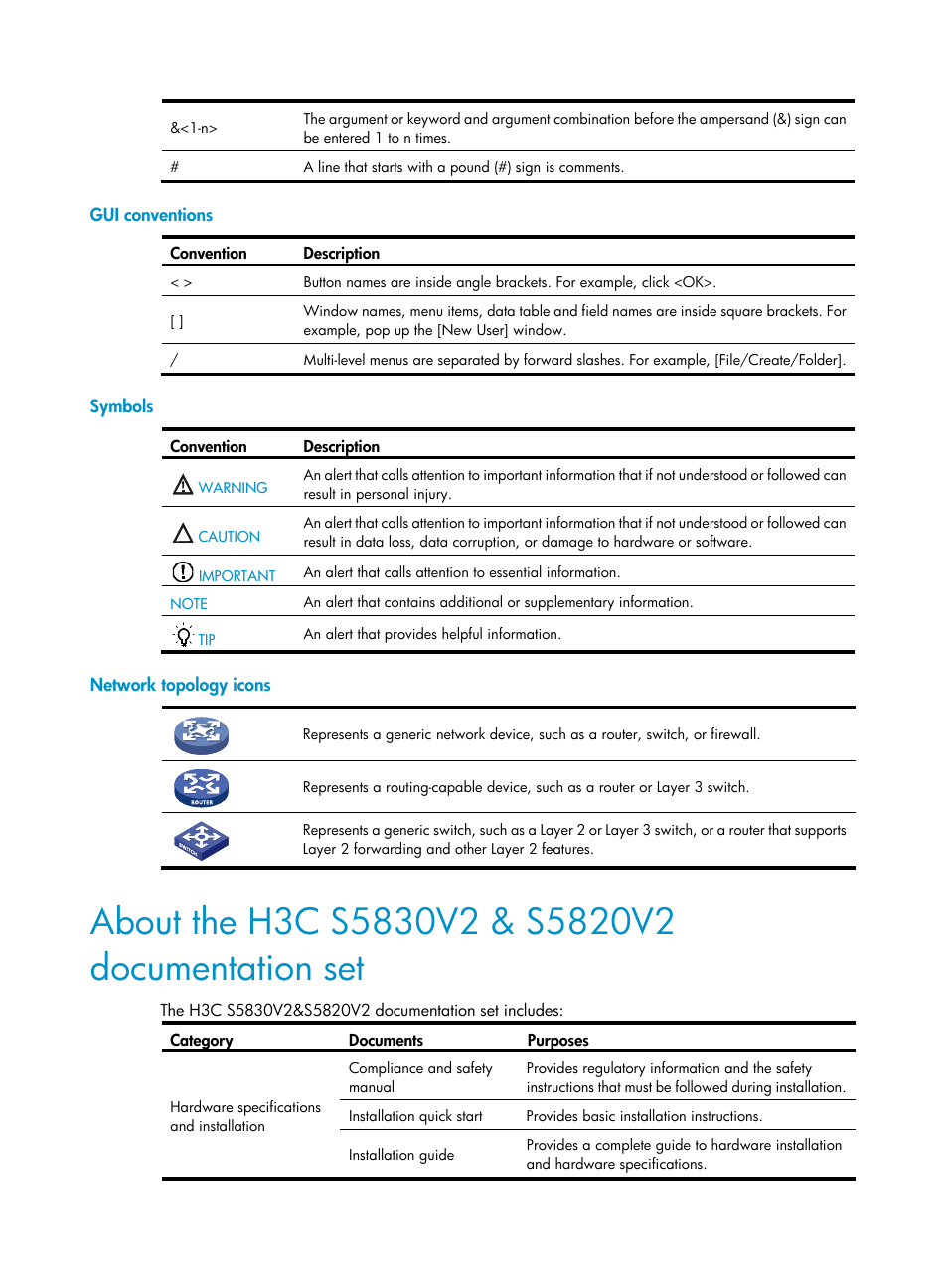 Gui conventions, Symbols, Network topology icons | About the h3c s5830v2 & s5820v2 documentation set | H3C Technologies H3C S5820V2 Series Switches User Manual | Page 4 / 29