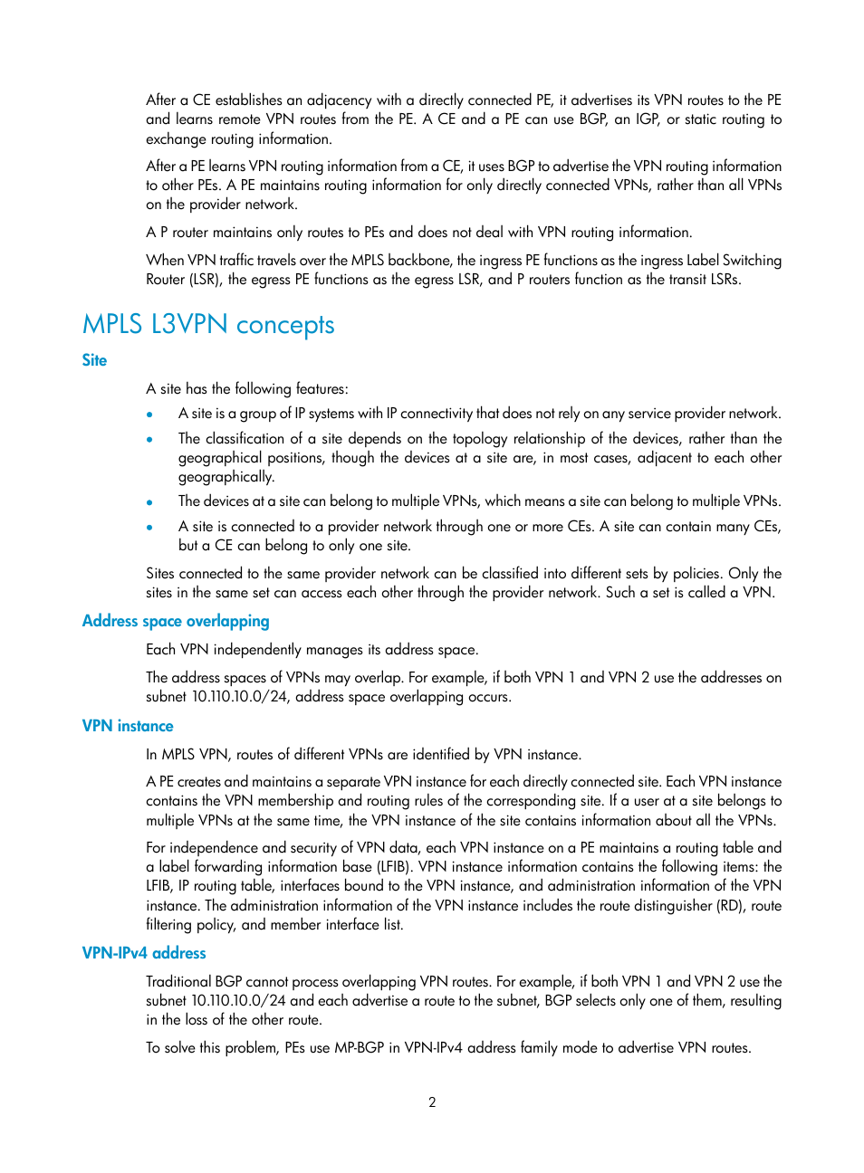 Mpls l3vpn concepts, Site, Address space overlapping | Vpn instance, Vpn-ipv4 address | H3C Technologies H3C S5820V2 Series Switches User Manual | Page 8 / 29