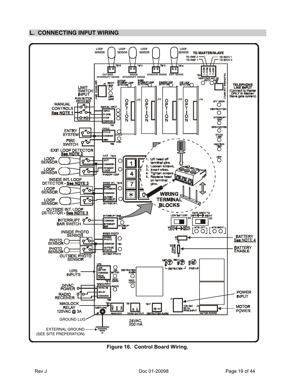 L. connecting input wiring, Figure 16. control board wiring | Chamberlain SL 1000-X3 User Manual | Page 19 / 44