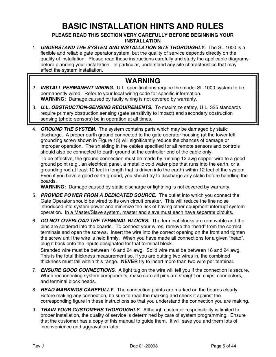 Basic installation hints and rules, Warning | Chamberlain SL 1000-X3 User Manual | Page 5 / 44