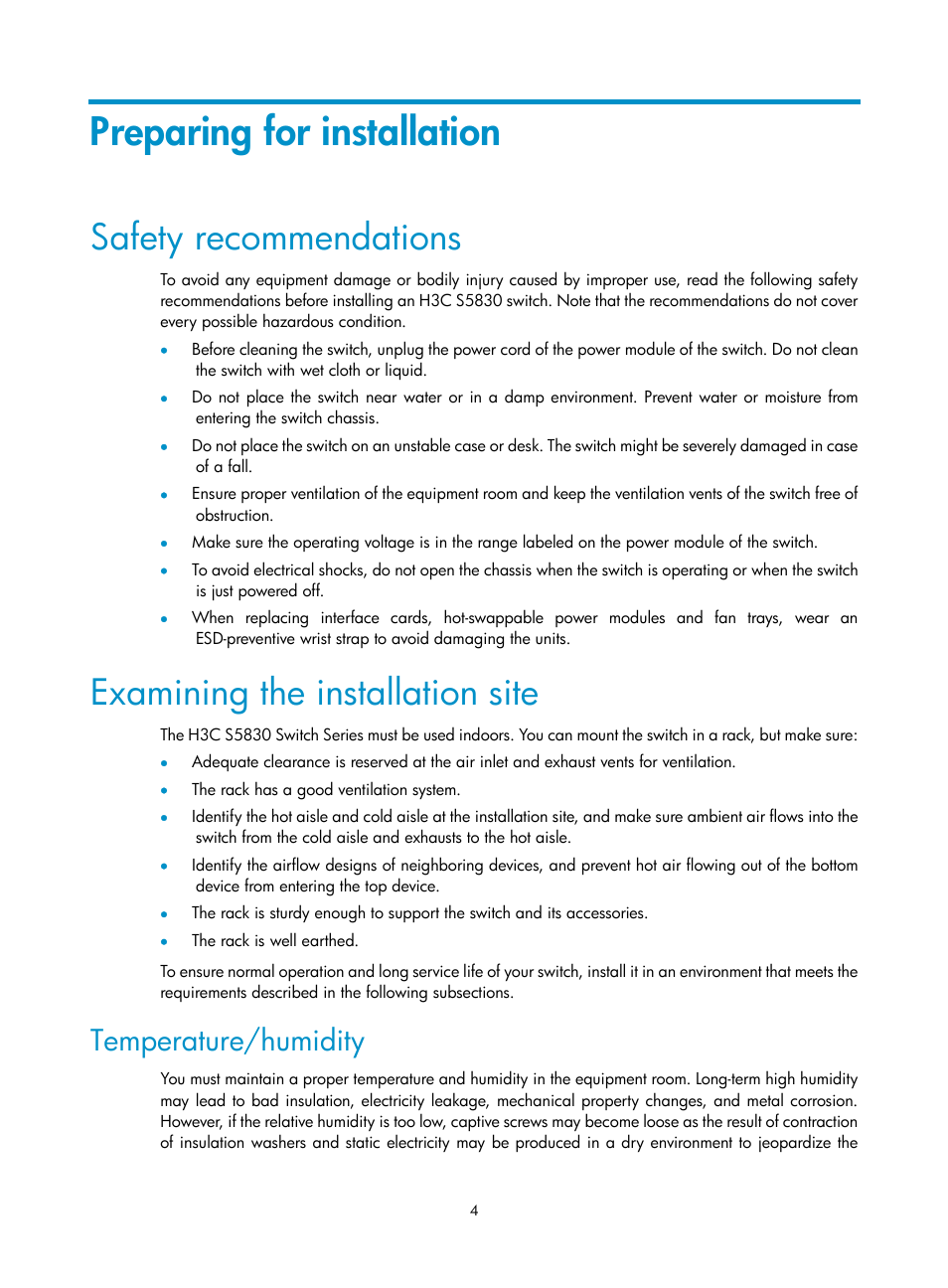 Preparing for installation, Safety recommendations, Examining the installation site | Temperature/humidity | H3C Technologies H3C S5830 Series Switches User Manual | Page 10 / 65