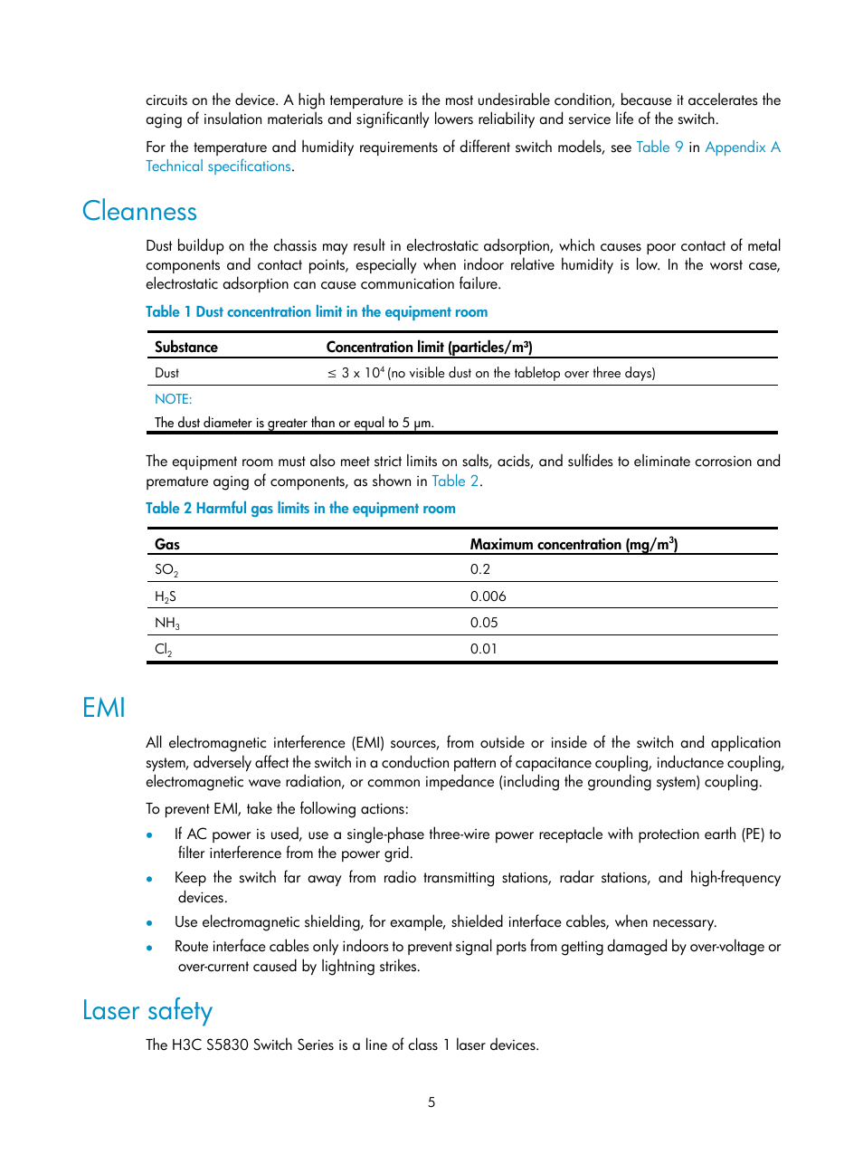 Cleanness, Laser safety | H3C Technologies H3C S5830 Series Switches User Manual | Page 11 / 65