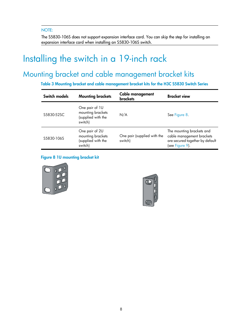 Installing the switch in a 19-inch rack, Mounting bracket and cable management bracket kits | H3C Technologies H3C S5830 Series Switches User Manual | Page 14 / 65