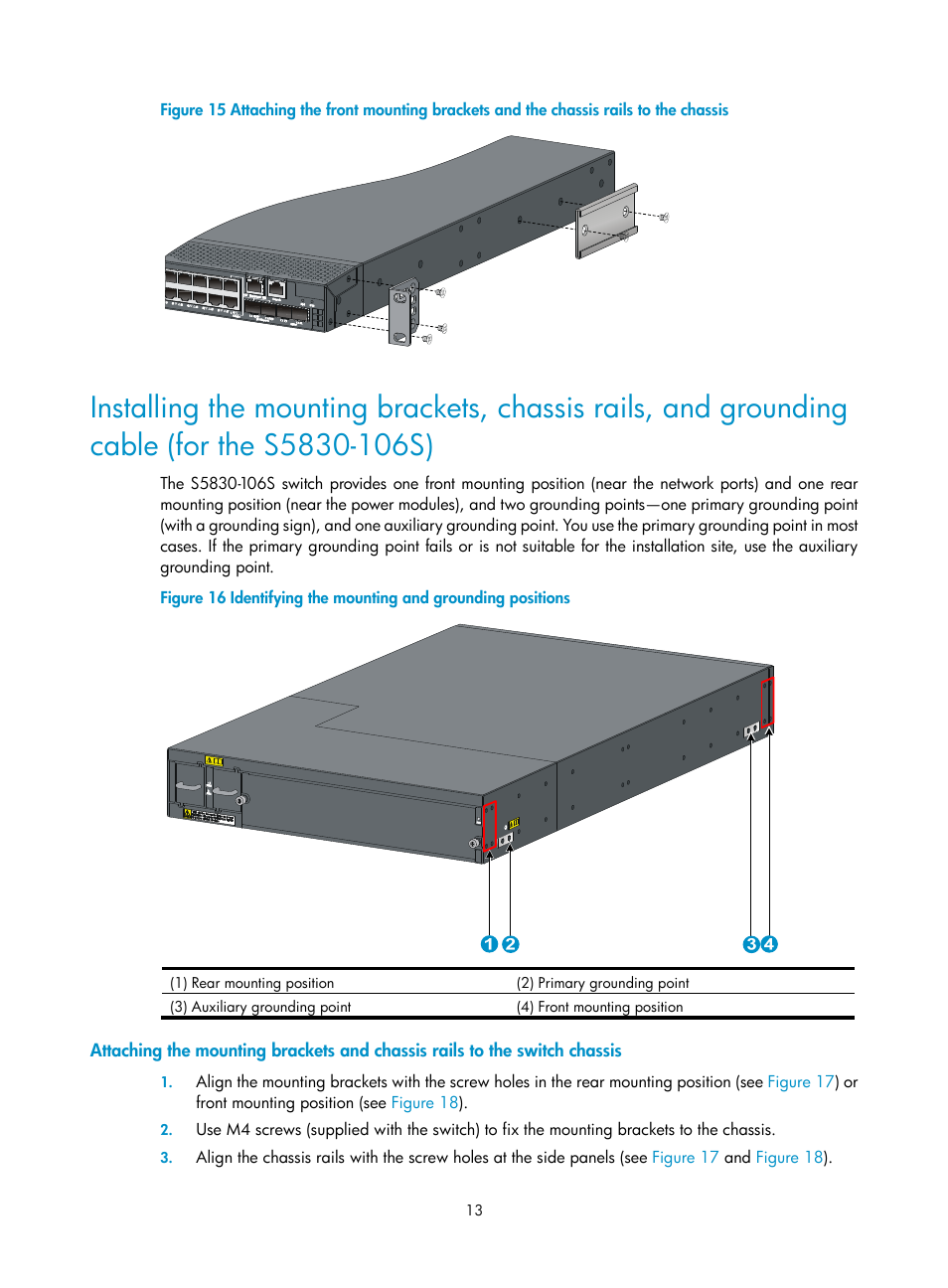 Installing the mounting brackets, Chassis rails, and grounding cable (for the, S5830-106s) | Figure 15 | H3C Technologies H3C S5830 Series Switches User Manual | Page 19 / 65