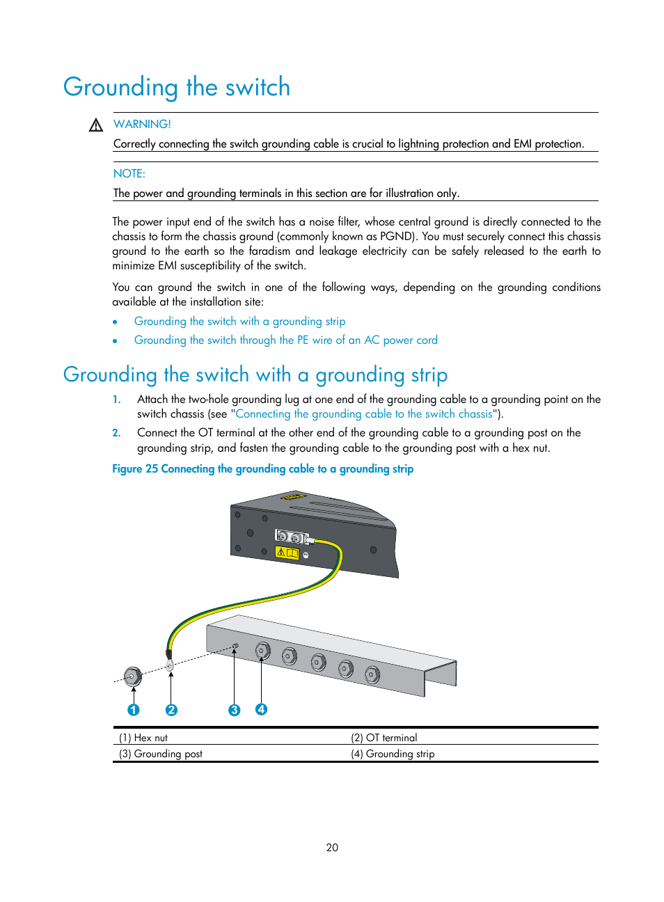 Grounding the switch, Grounding the switch with a grounding strip | H3C Technologies H3C S5830 Series Switches User Manual | Page 26 / 65