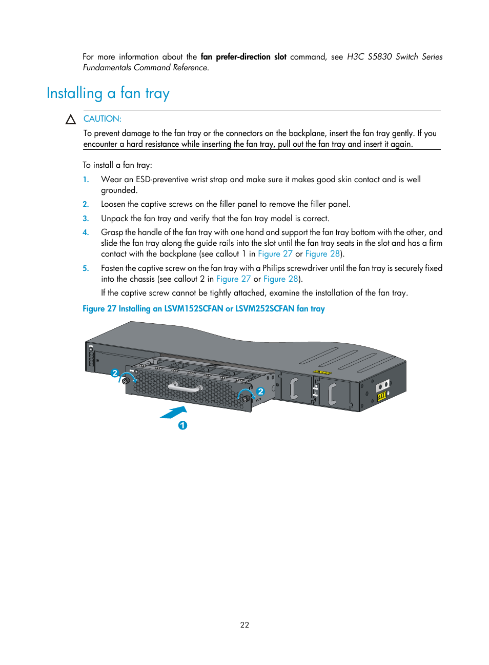 Installing a fan tray | H3C Technologies H3C S5830 Series Switches User Manual | Page 28 / 65