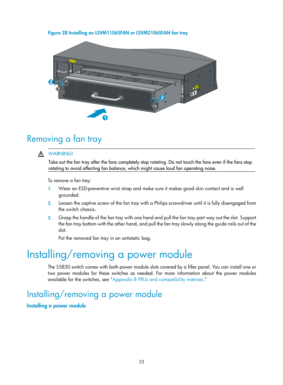 Removing a fan tray, Installing/removing a power module, Installing a power module | Figure 28 | H3C Technologies H3C S5830 Series Switches User Manual | Page 29 / 65