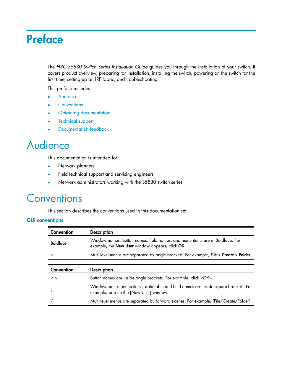 Preface, Audience, Conventions | Gui conventions | H3C Technologies H3C S5830 Series Switches User Manual | Page 3 / 65