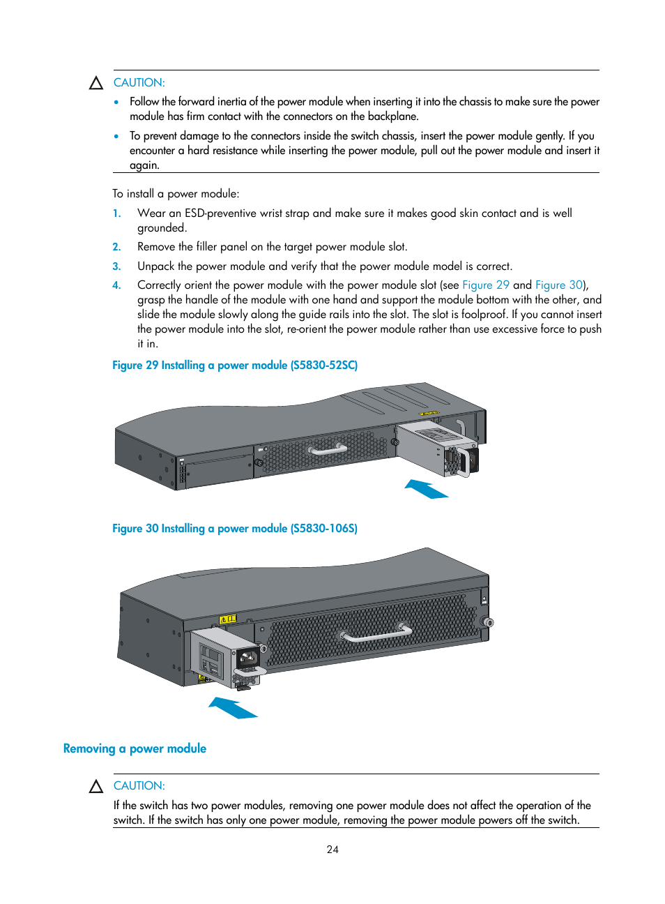 Removing a power module | H3C Technologies H3C S5830 Series Switches User Manual | Page 30 / 65