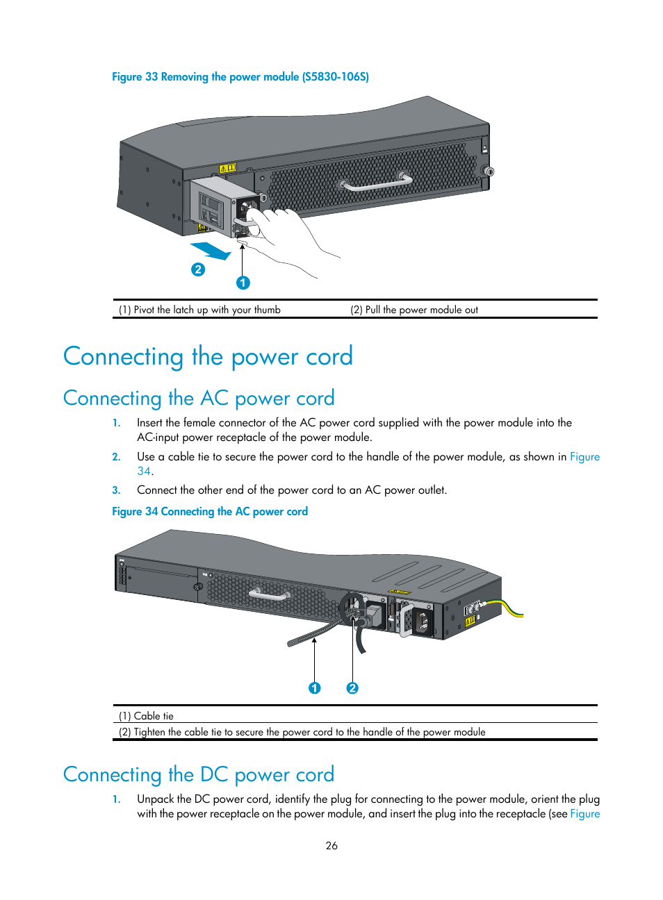 Connecting the power cord, Connecting the ac power cord, Connecting the dc power cord | Figure 33 | H3C Technologies H3C S5830 Series Switches User Manual | Page 32 / 65