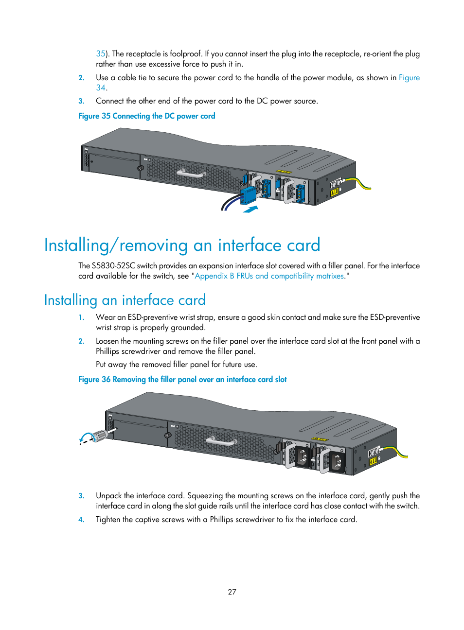 Installing/removing an interface card, Installing an interface card | H3C Technologies H3C S5830 Series Switches User Manual | Page 33 / 65