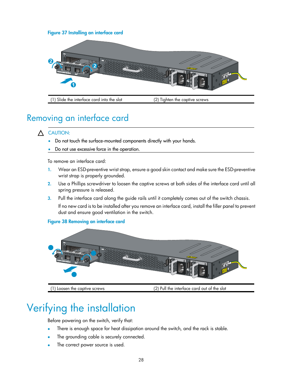 Removing an interface card, Verifying the installation | H3C Technologies H3C S5830 Series Switches User Manual | Page 34 / 65