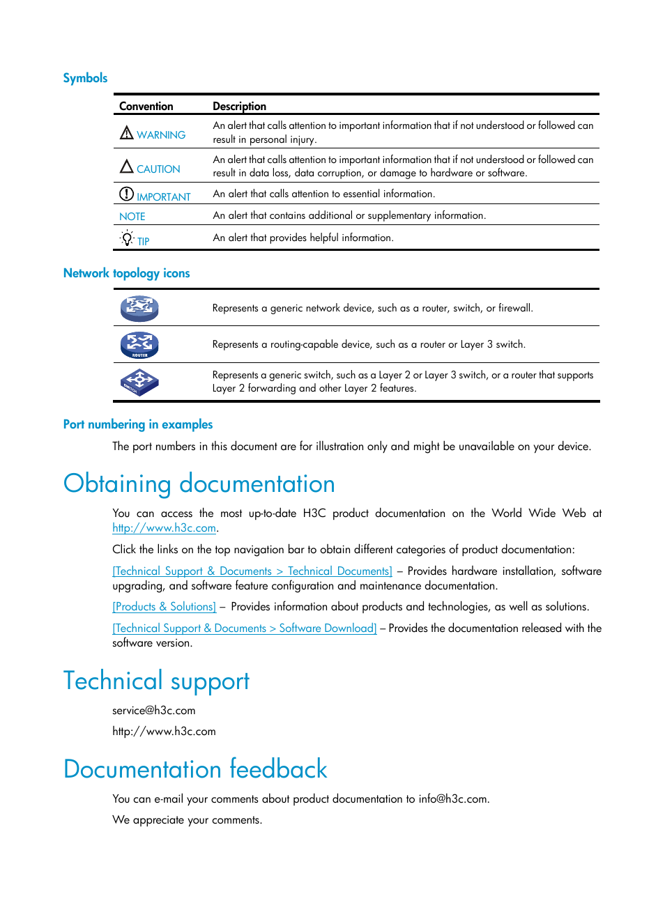 Symbols, Network topology icons, Port numbering in examples | Obtaining documentation, Technical support, Documentation feedback | H3C Technologies H3C S5830 Series Switches User Manual | Page 4 / 65