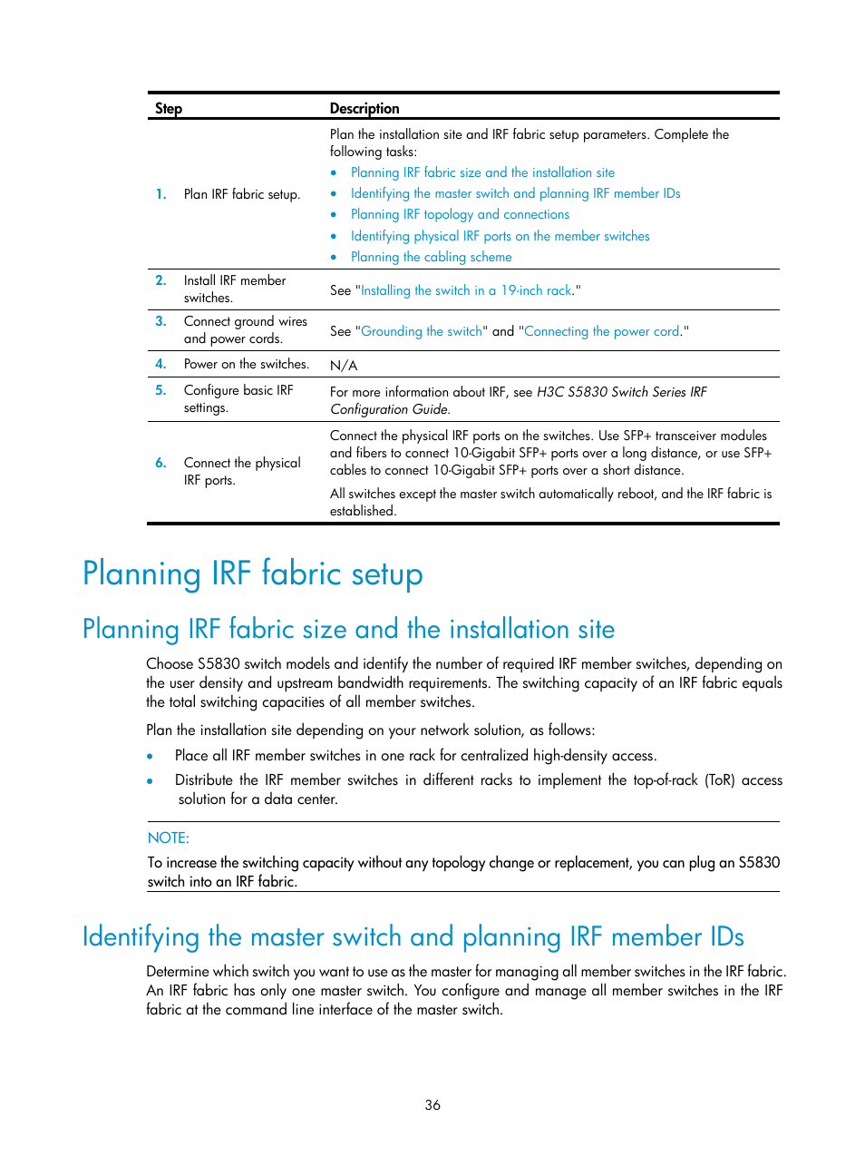 Planning irf fabric setup, Planning irf fabric size and the installation site | H3C Technologies H3C S5830 Series Switches User Manual | Page 42 / 65