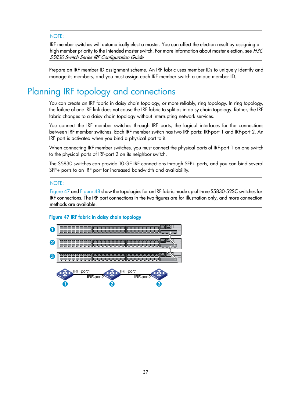 Planning irf topology and connections | H3C Technologies H3C S5830 Series Switches User Manual | Page 43 / 65