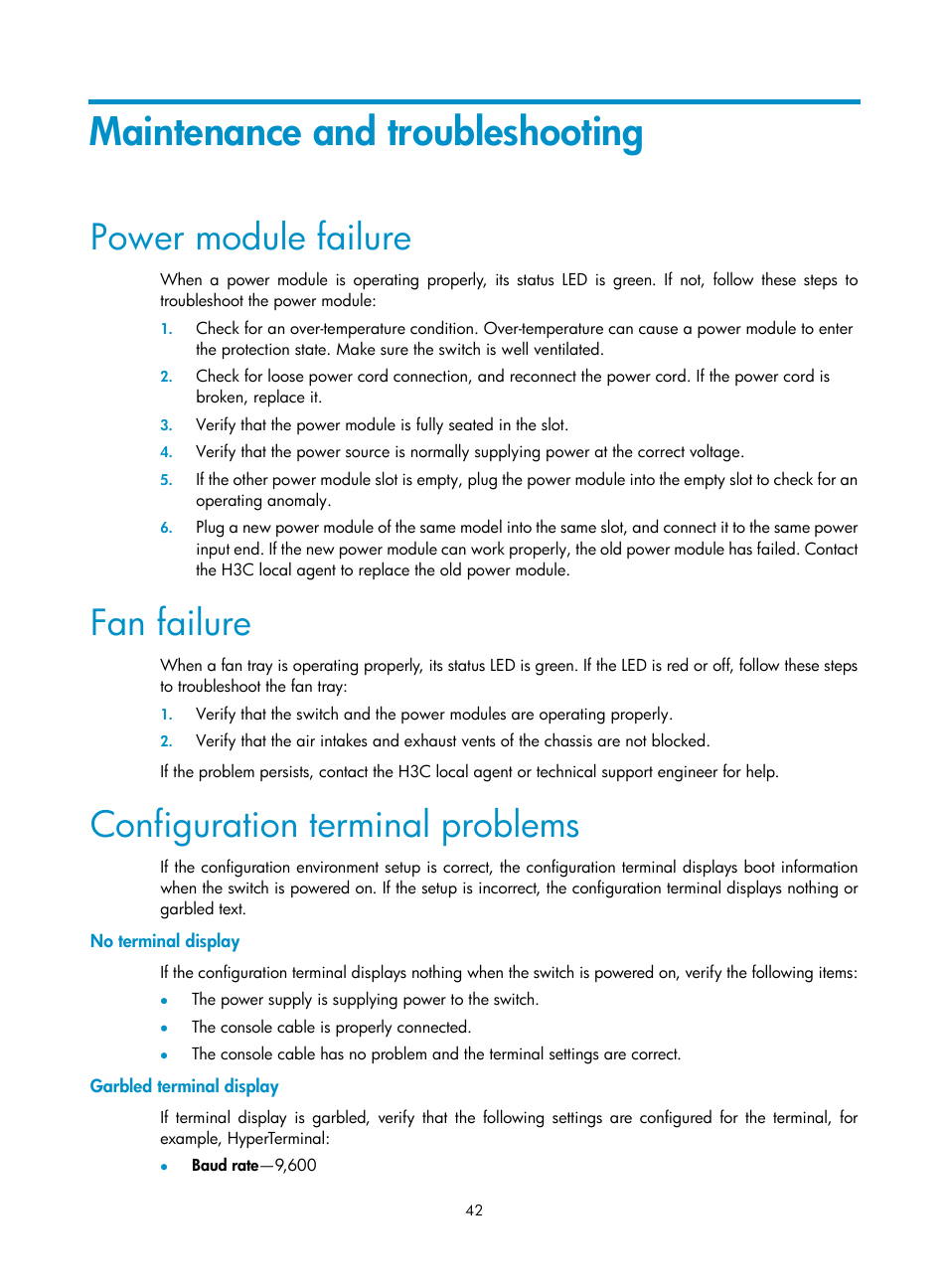 Maintenance and troubleshooting, Power module failure, Fan failure | Configuration terminal problems, No terminal display, Garbled terminal display | H3C Technologies H3C S5830 Series Switches User Manual | Page 48 / 65