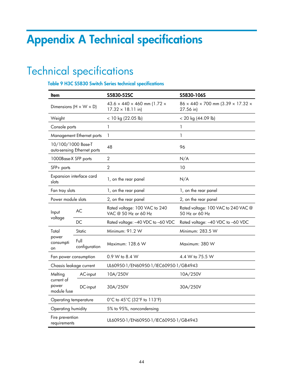 Appendix a technical specifications, Technical specifications, Table 9 | Appendix a | H3C Technologies H3C S5830 Series Switches User Manual | Page 50 / 65