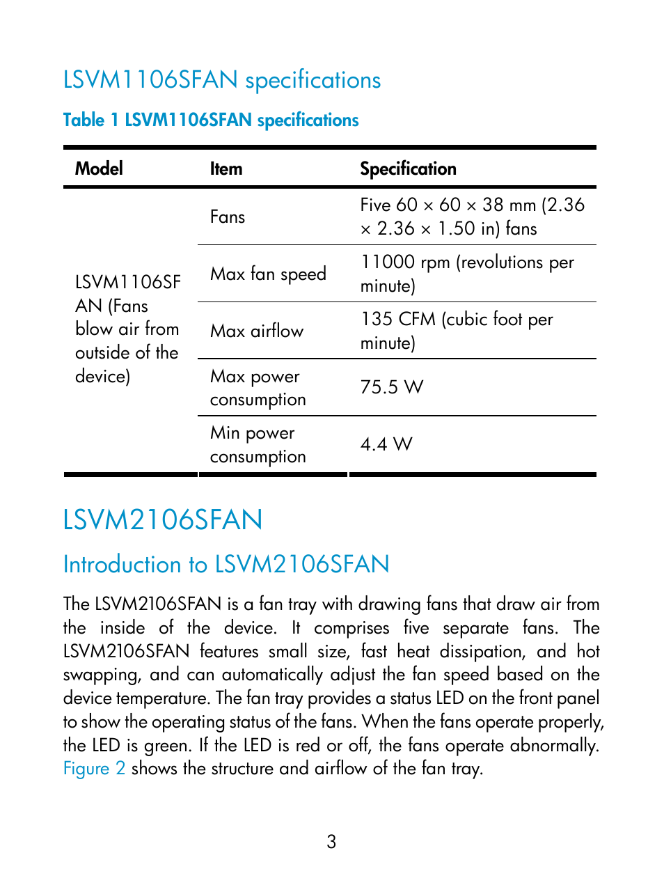 Lsvm1106sfan specifications, Lsvm2106sfan, Introduction to lsvm2106sfan | H3C Technologies H3C S5830 Series Switches User Manual | Page 8 / 15