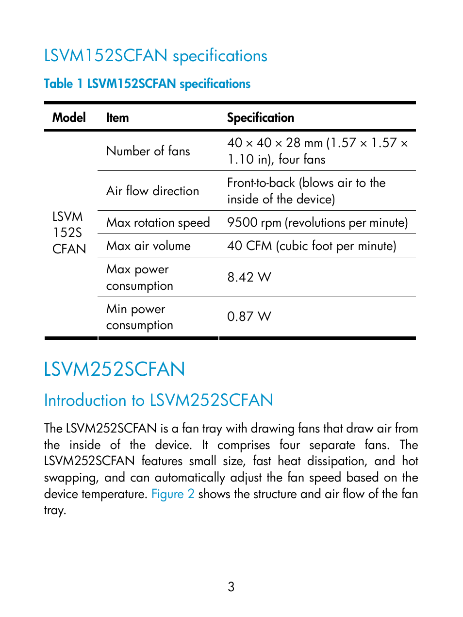 Lsvm152scfan specifications, Lsvm252scfan, Introduction to lsvm252scfan | H3C Technologies H3C S5830 Series Switches User Manual | Page 8 / 14