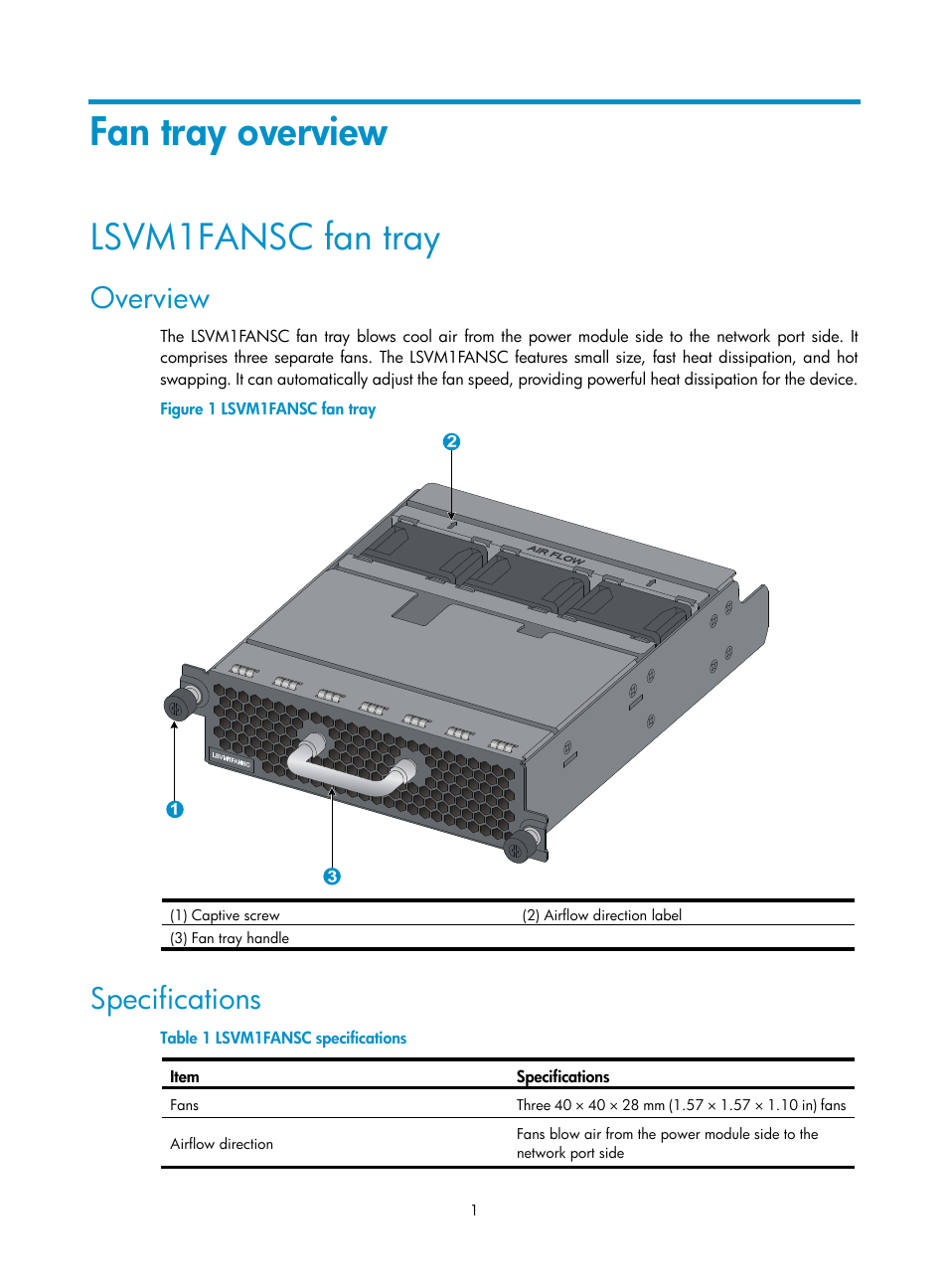 Fan tray overview, Lsvm1fansc fan tray, Overview | Specifications | H3C Technologies H3C S5830V2 Series Switches User Manual | Page 5 / 10