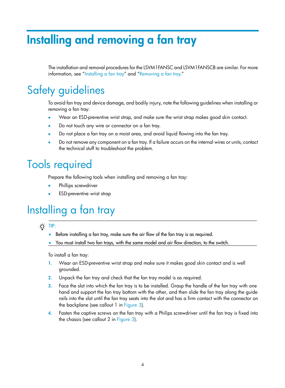 Installing and removing a fan tray, Safety guidelines, Tools required | Installing a fan tray | H3C Technologies H3C S5830V2 Series Switches User Manual | Page 8 / 10