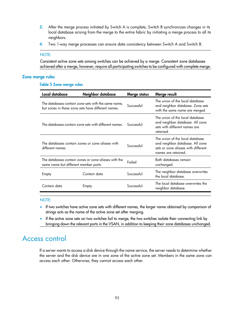 Zone merge rules, Access control | H3C Technologies H3C S5830V2 Series Switches User Manual | Page 104 / 235