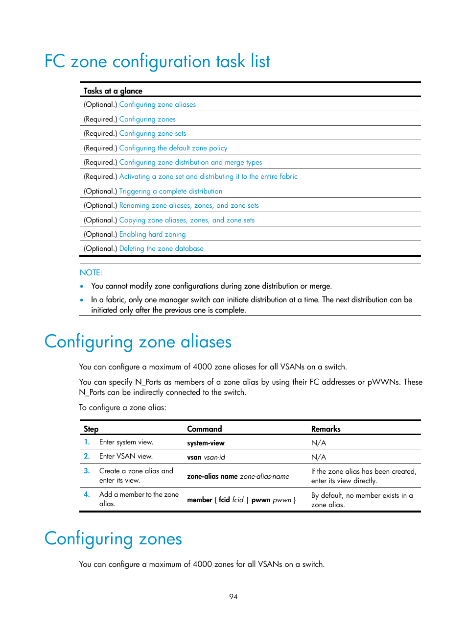 Fc zone configuration task list, Configuring zone aliases, Configuring zones | H3C Technologies H3C S5830V2 Series Switches User Manual | Page 105 / 235