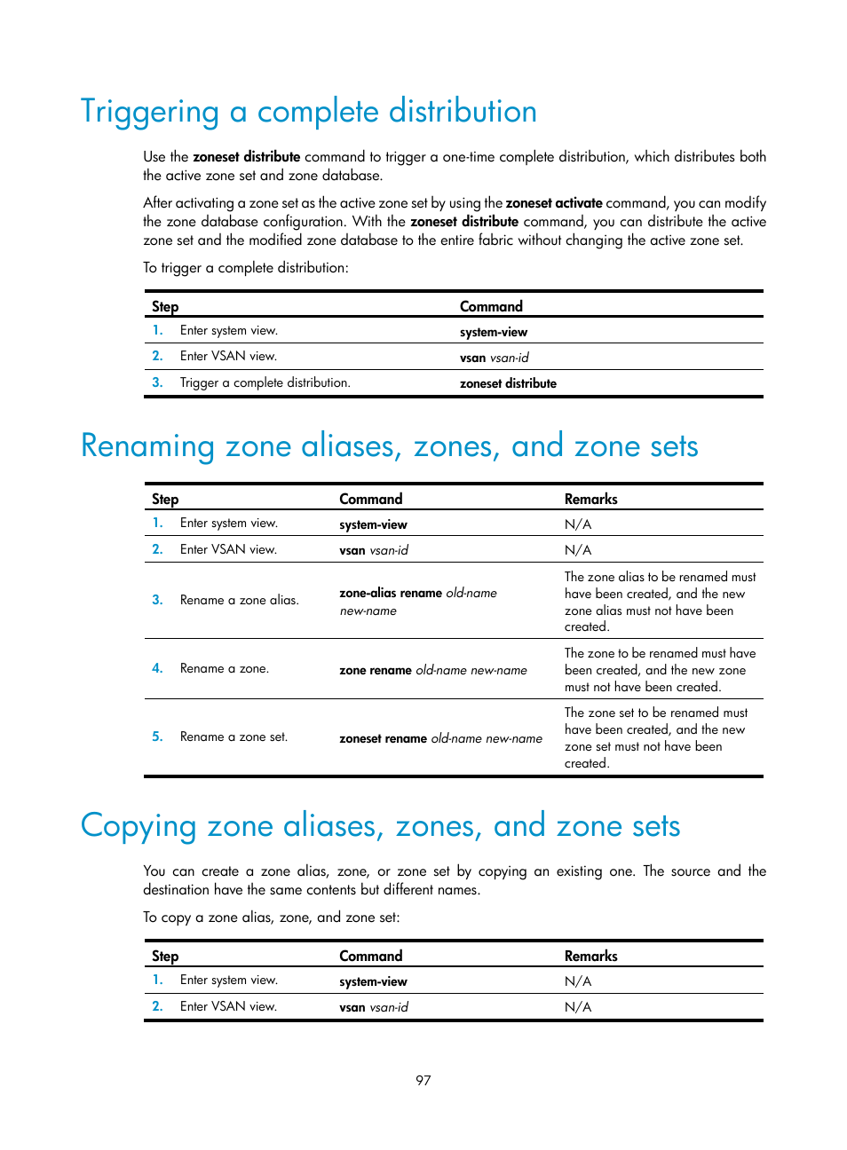 Triggering a complete distribution, Renaming zone aliases, zones, and zone sets, Copying zone aliases, zones, and zone sets | H3C Technologies H3C S5830V2 Series Switches User Manual | Page 108 / 235