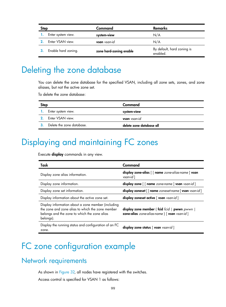 Deleting the zone database, Displaying and maintaining fc zones, Fc zone configuration example | Network requirements | H3C Technologies H3C S5830V2 Series Switches User Manual | Page 110 / 235