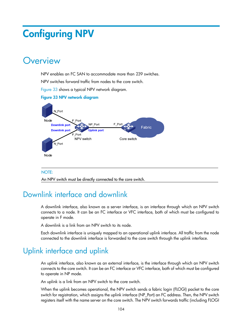 Configuring npv, Overview, Downlink interface and downlink | Uplink interface and uplink | H3C Technologies H3C S5830V2 Series Switches User Manual | Page 115 / 235