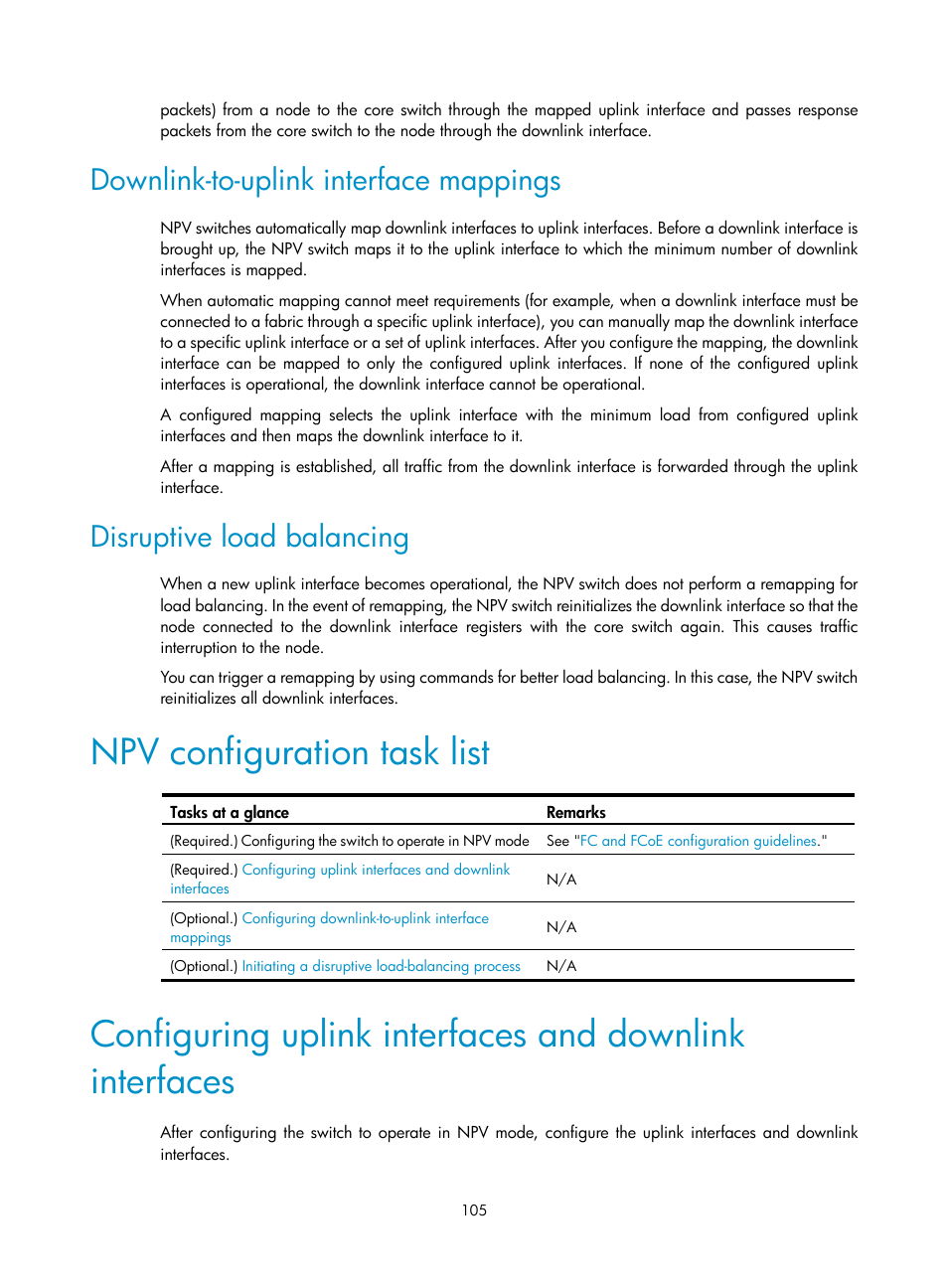 Downlink-to-uplink interface mappings, Disruptive load balancing, Npv configuration task list | H3C Technologies H3C S5830V2 Series Switches User Manual | Page 116 / 235