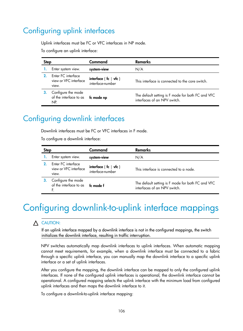 Configuring uplink interfaces, Configuring downlink interfaces, Configuring downlink-to-uplink interface mappings | Configuring downlink-to-uplink interface, Mappings | H3C Technologies H3C S5830V2 Series Switches User Manual | Page 117 / 235