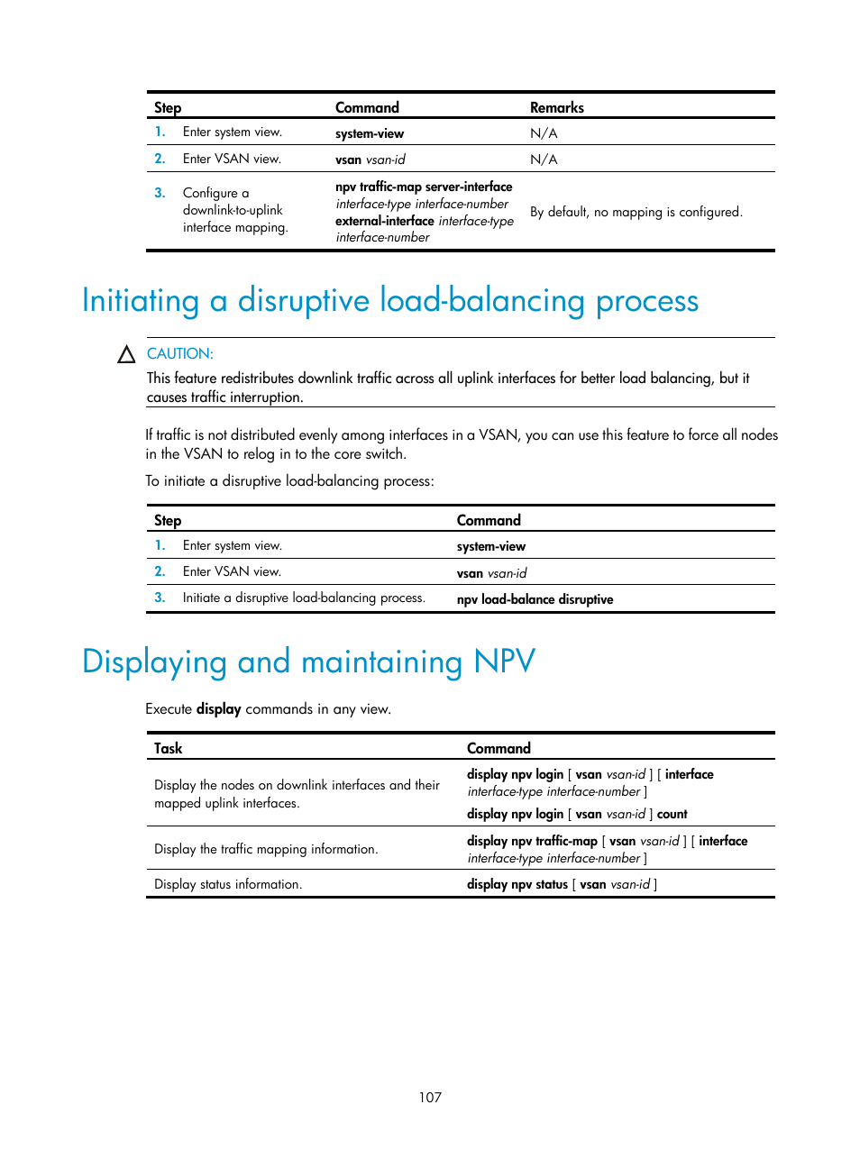 Initiating a disruptive load-balancing process, Displaying and maintaining npv | H3C Technologies H3C S5830V2 Series Switches User Manual | Page 118 / 235