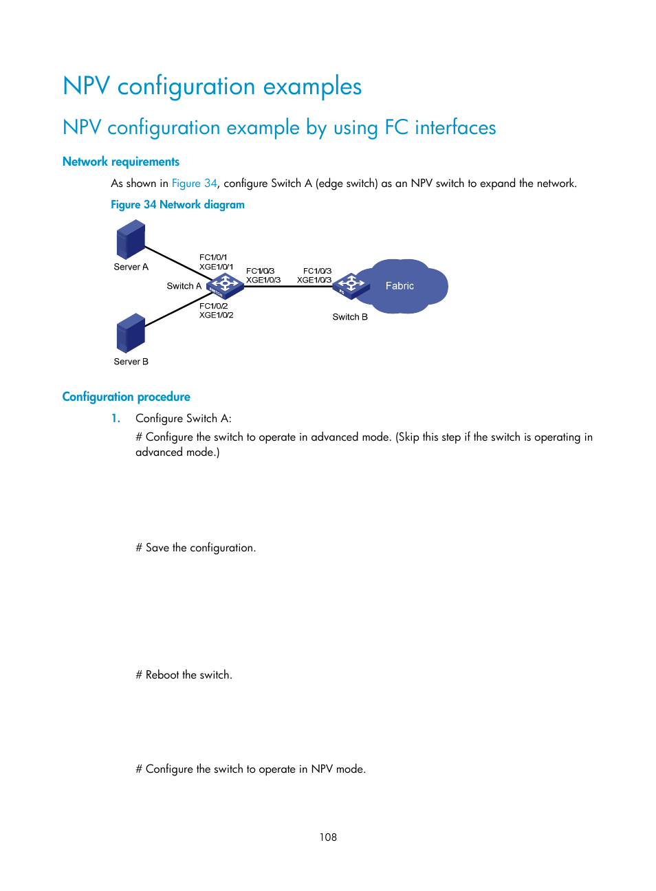 Npv configuration examples, Npv configuration example by using fc interfaces, Network requirements | Configuration procedure | H3C Technologies H3C S5830V2 Series Switches User Manual | Page 119 / 235