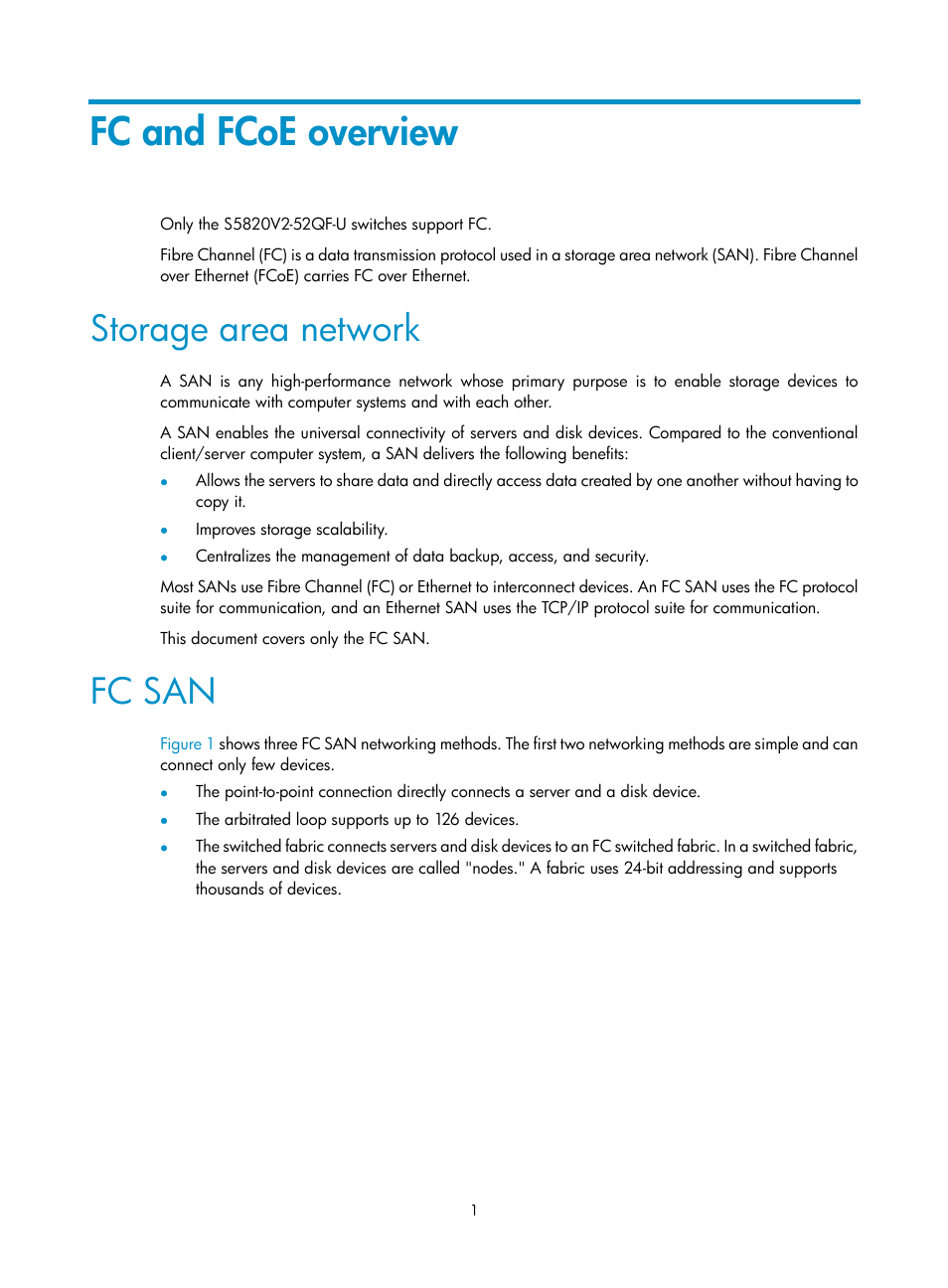 Fc and fcoe overview, Storage area network, Fc san | H3C Technologies H3C S5830V2 Series Switches User Manual | Page 12 / 235