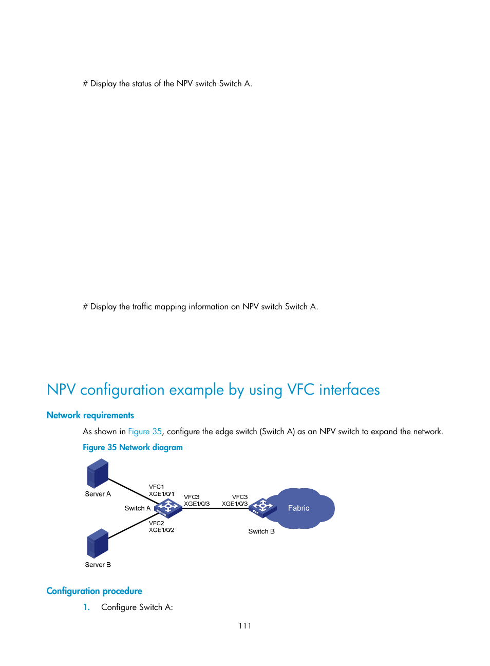 Npv configuration example by using vfc interfaces, Network requirements, Configuration procedure | H3C Technologies H3C S5830V2 Series Switches User Manual | Page 122 / 235