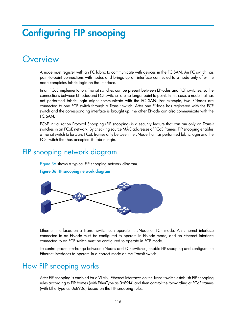 Configuring fip snooping, Overview, Fip snooping network diagram | How fip snooping works | H3C Technologies H3C S5830V2 Series Switches User Manual | Page 127 / 235