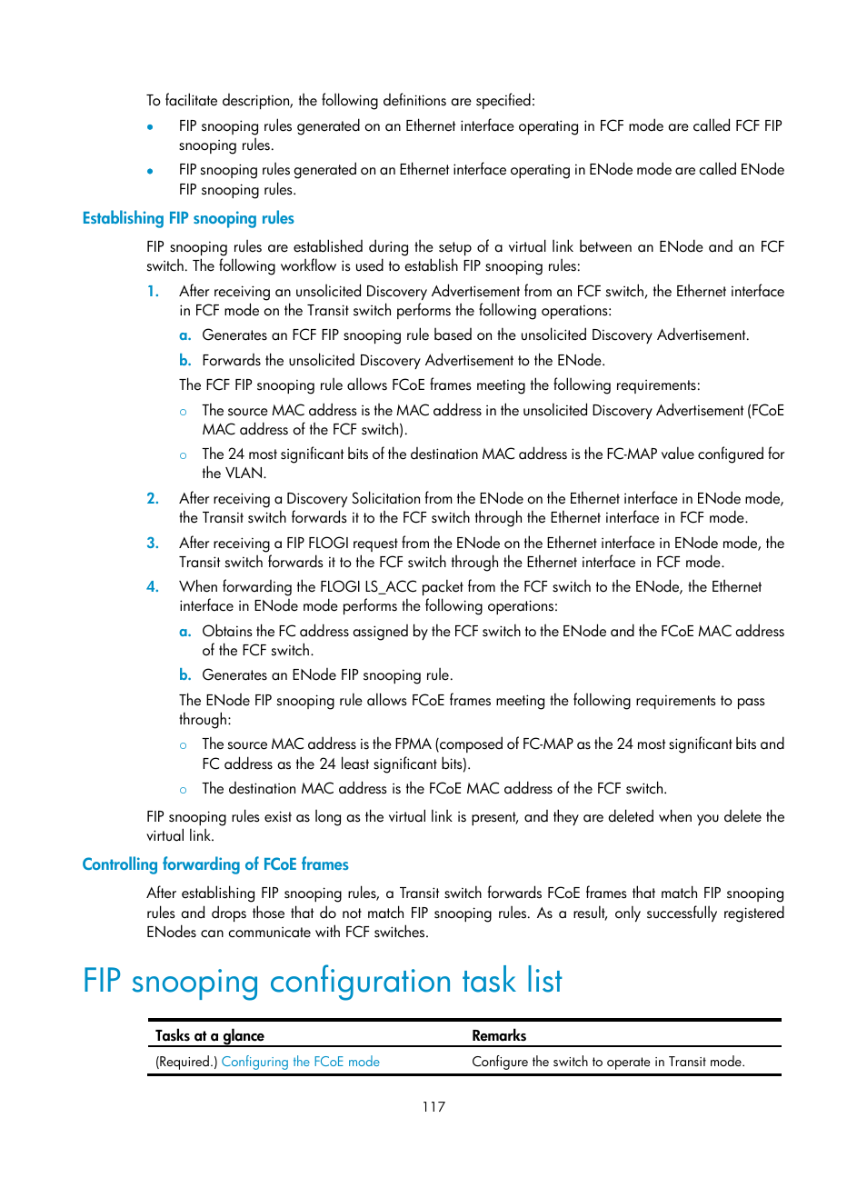 Establishing fip snooping rules, Controlling forwarding of fcoe frames, Fip snooping configuration task list | H3C Technologies H3C S5830V2 Series Switches User Manual | Page 128 / 235