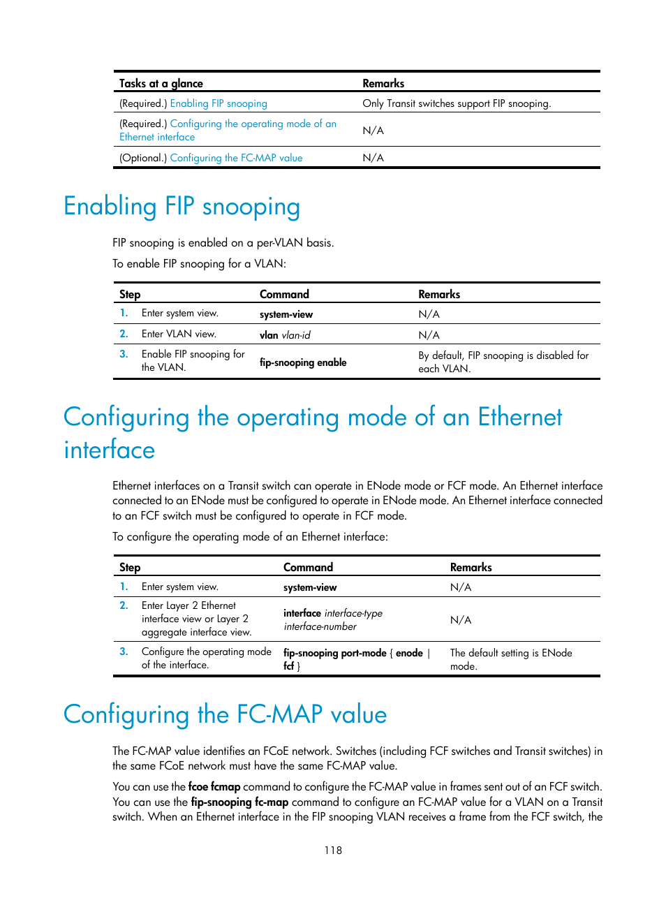 Enabling fip snooping, Configuring the fc-map value | H3C Technologies H3C S5830V2 Series Switches User Manual | Page 129 / 235