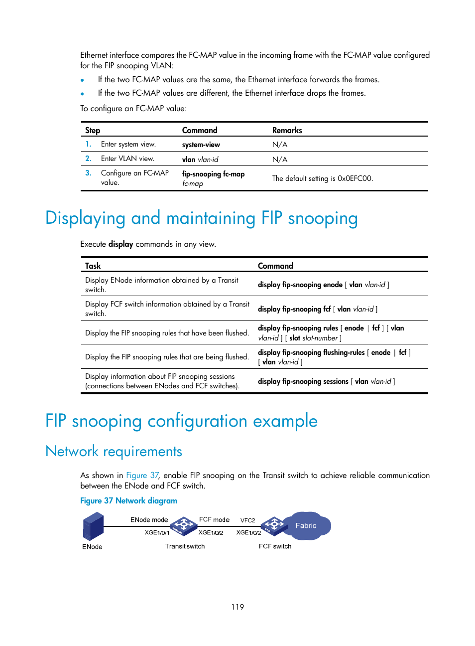 Displaying and maintaining fip snooping, Fip snooping configuration example, Network requirements | H3C Technologies H3C S5830V2 Series Switches User Manual | Page 130 / 235