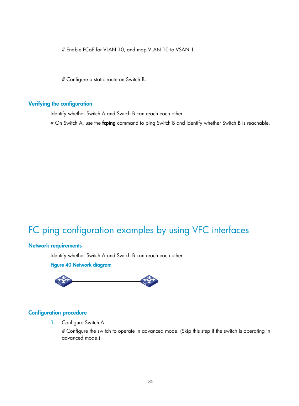 Verifying the configuration, Network requirements, Configuration procedure | H3C Technologies H3C S5830V2 Series Switches User Manual | Page 146 / 235