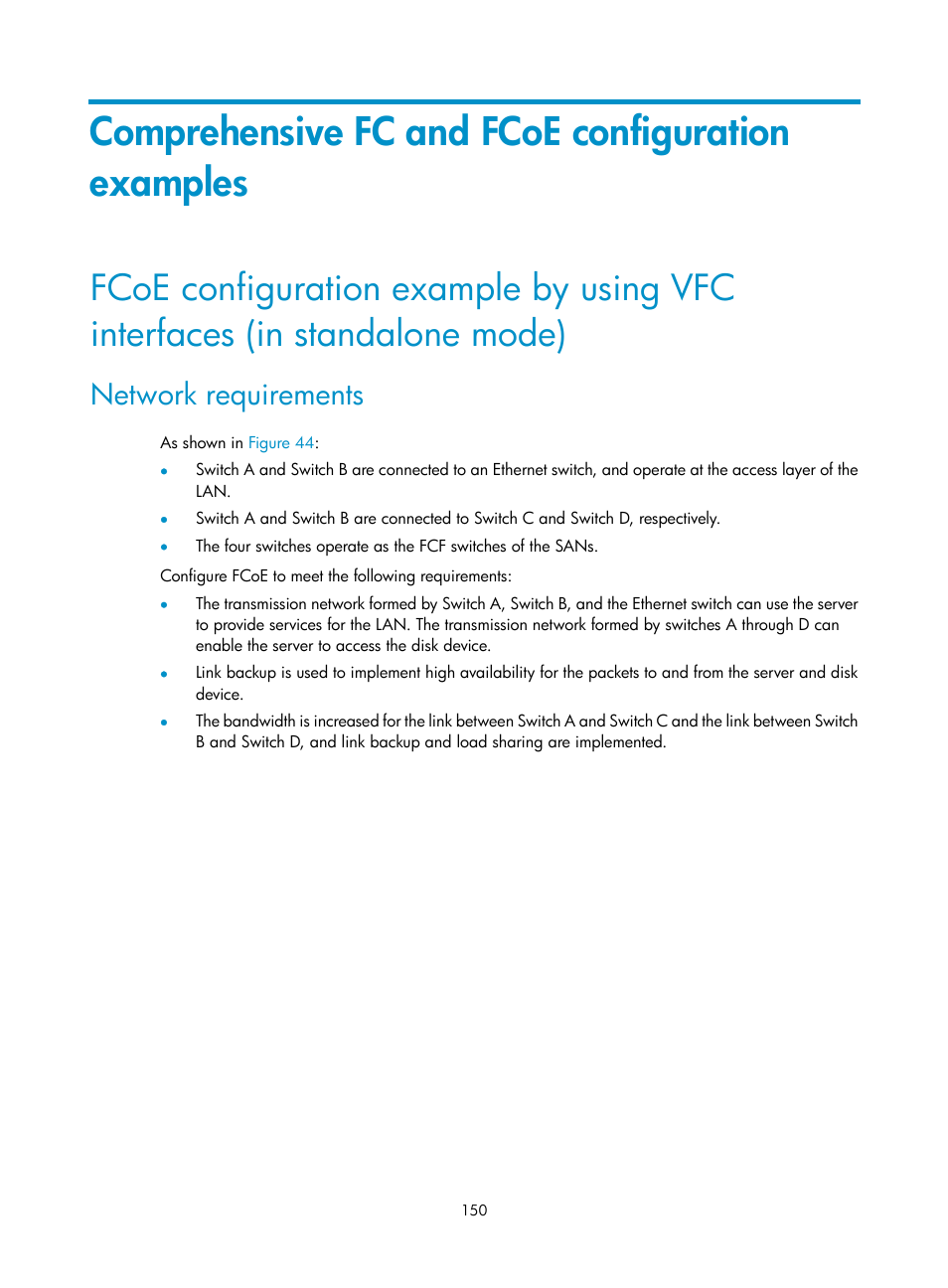 Comprehensive fc and fcoe configuration examples, Network requirements | H3C Technologies H3C S5830V2 Series Switches User Manual | Page 161 / 235