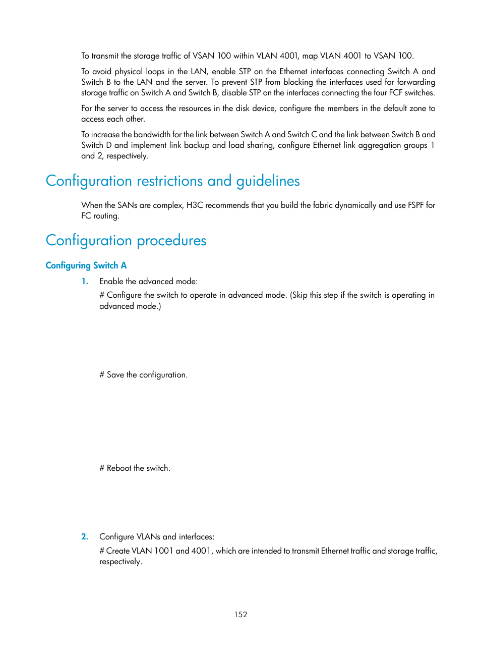 Configuration restrictions and guidelines, Configuration procedures, Configuring switch a | H3C Technologies H3C S5830V2 Series Switches User Manual | Page 163 / 235