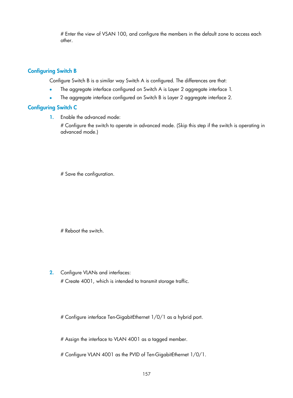 Configuring switch b, Configuring switch c | H3C Technologies H3C S5830V2 Series Switches User Manual | Page 168 / 235