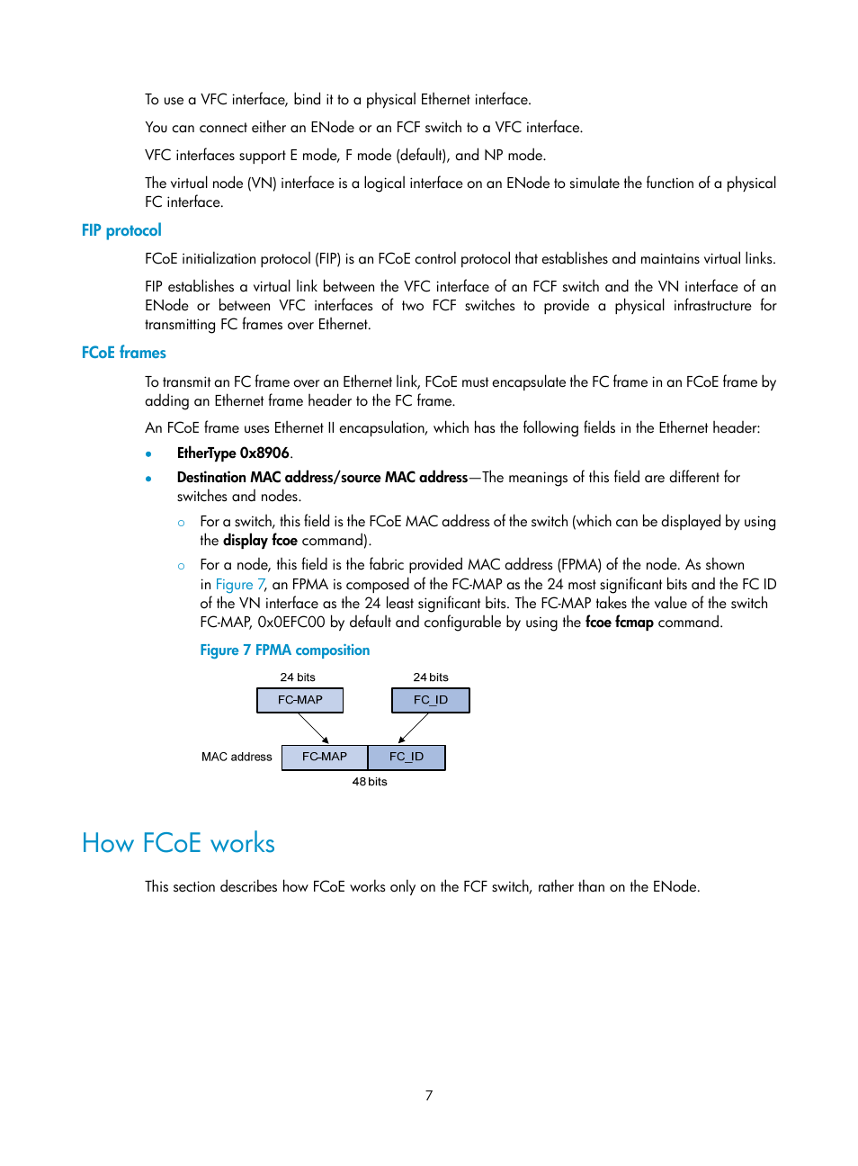 Fip protocol, Fcoe frames, How fcoe works | H3C Technologies H3C S5830V2 Series Switches User Manual | Page 18 / 235