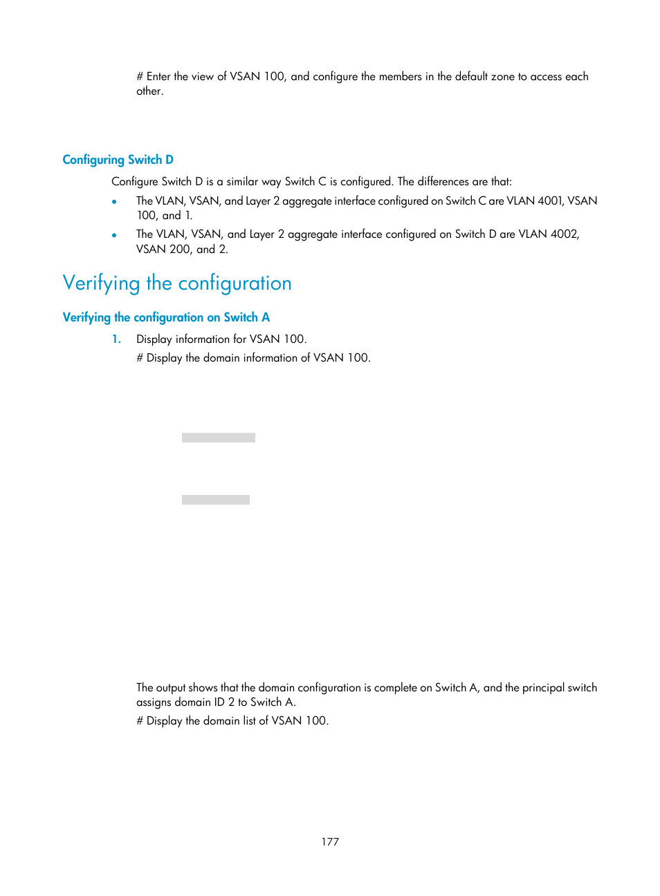 Configuring switch d, Verifying the configuration, Verifying the configuration on switch a | H3C Technologies H3C S5830V2 Series Switches User Manual | Page 188 / 235