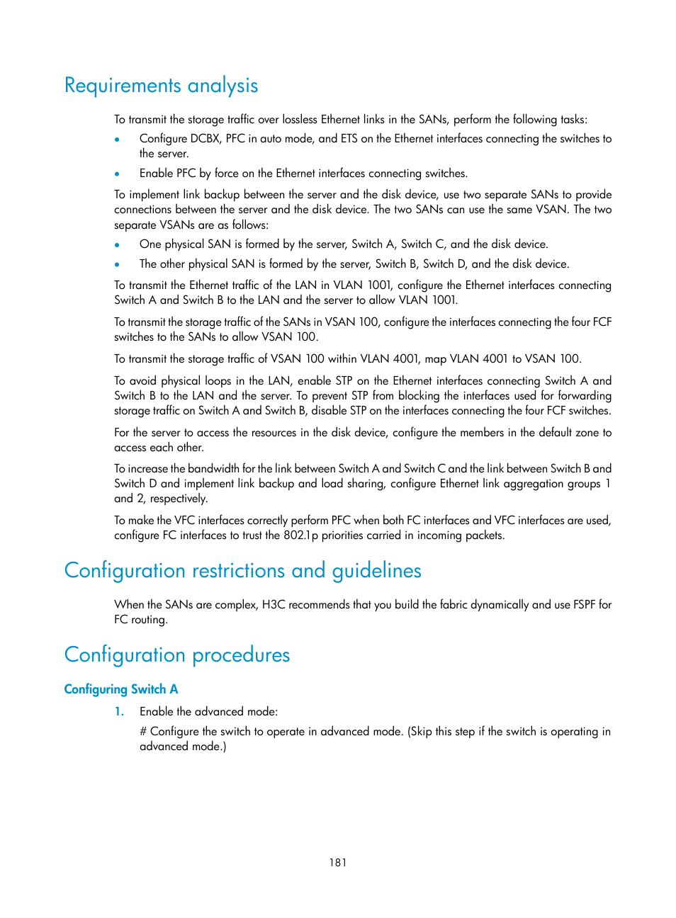 Requirements analysis, Configuration restrictions and guidelines, Configuration procedures | Configuring switch a | H3C Technologies H3C S5830V2 Series Switches User Manual | Page 192 / 235